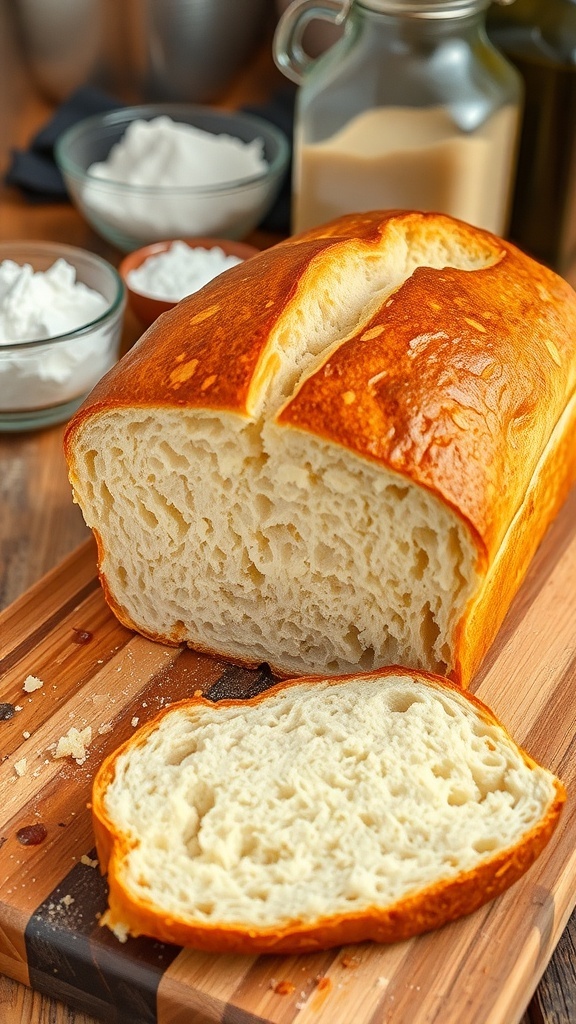 Homemade Bread Recipe Using a Stand Mixer A golden-brown loaf of homemade bread sliced to show its fluffy interior on a wooden board.